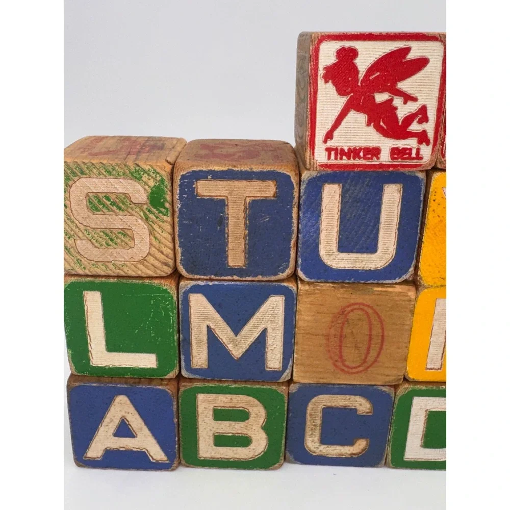 21 Vintage Wooden Alphabet Pictorial Blocks Disney Characters 1.8 Inch Nursery
